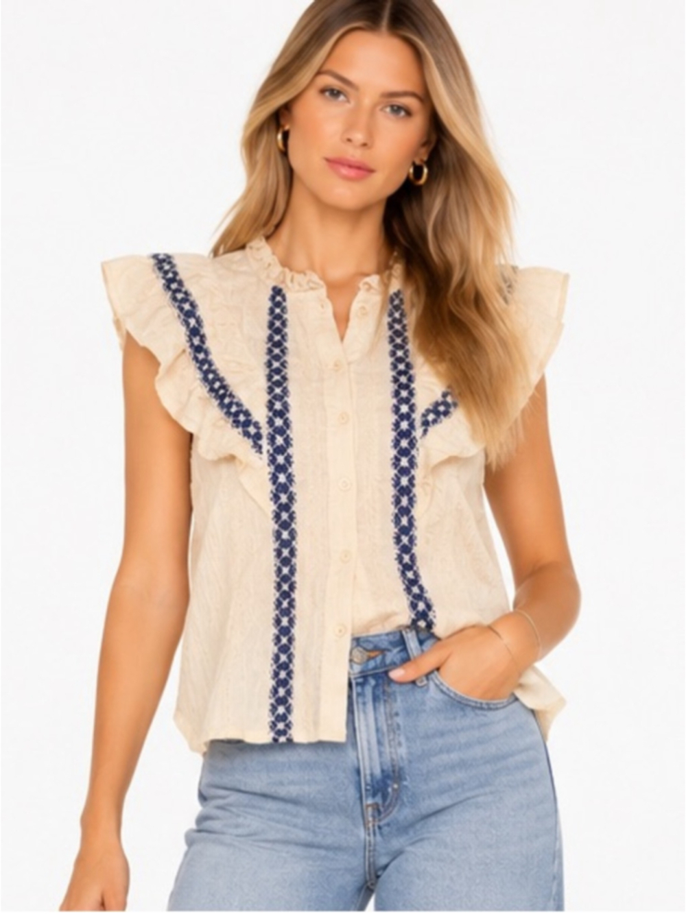 CIDER Cream Ruffle Embroidered Boho Blouse Top 2X cotton